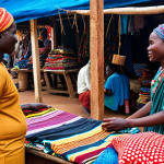 **A bustling Togolese marketplace. A friendly negotiation scene between a traveler and a local vendor, showcasing colorful fabrics and handicrafts. Focus on respectful interaction and the vibrant atmosphere.**