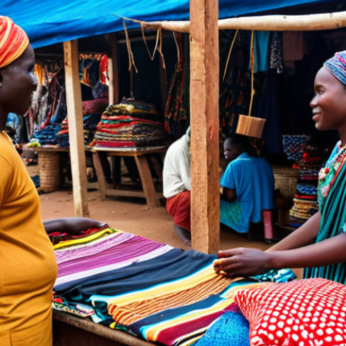 **A bustling Togolese marketplace. A friendly negotiation scene between a traveler and a local vendor, showcasing colorful fabrics and handicrafts. Focus on respectful interaction and the vibrant atmosphere.**