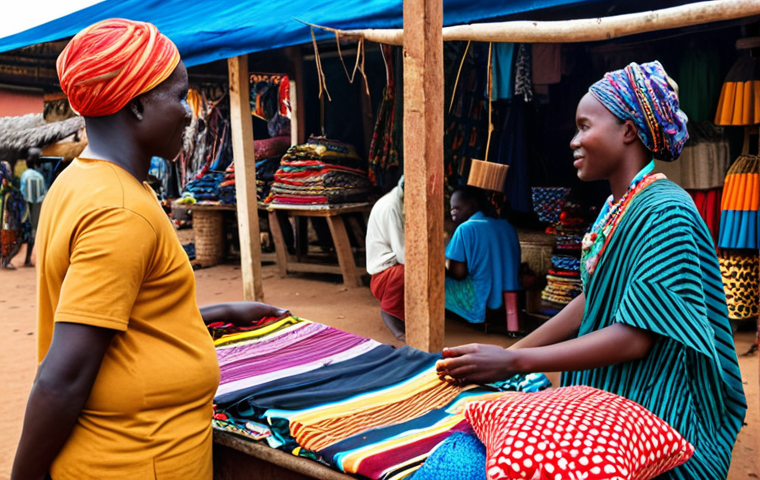 **A bustling Togolese marketplace. A friendly negotiation scene between a traveler and a local vendor, showcasing colorful fabrics and handicrafts. Focus on respectful interaction and the vibrant atmosphere.**