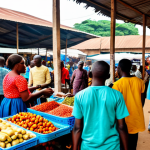 토고 여행자들을 위한 현지 팁 - Bustling Lomé Market Scene**

"A vibrant and colorful marketplace in Lomé, Togo, filled with people ...