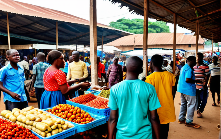 토고 여행자들을 위한 현지 팁 - Bustling Lomé Market Scene**

"A vibrant and colorful marketplace in Lomé, Togo, filled with people ...