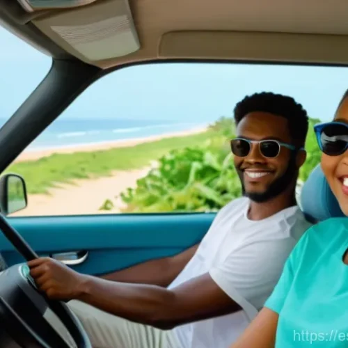 토고의 자동차 렌트 팁 - A joyful young couple, casually dressed in light summer clothes suitable for warm weather, driving a...