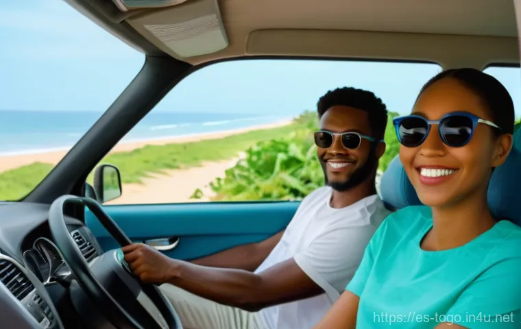 토고의 자동차 렌트 팁 - A joyful young couple, casually dressed in light summer clothes suitable for warm weather, driving a...