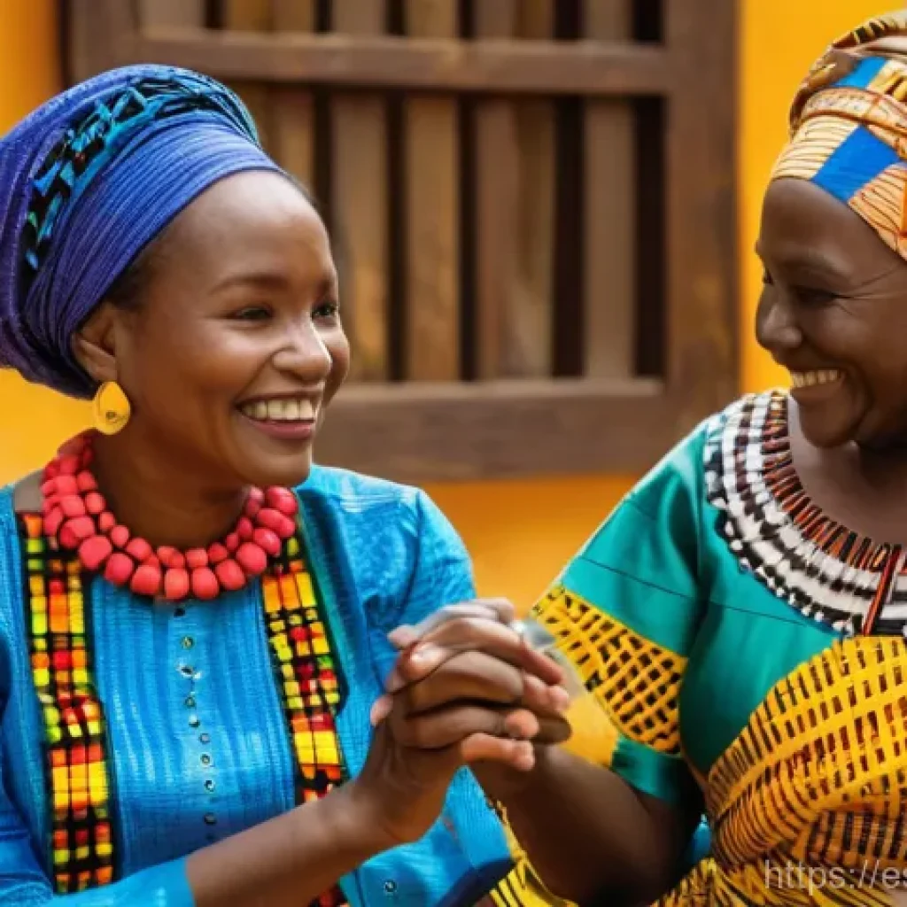 토고의 결혼 문화 - A vibrant scene of a Togolese engagement ceremony. An elder woman, dressed in a brightly colored "pa...