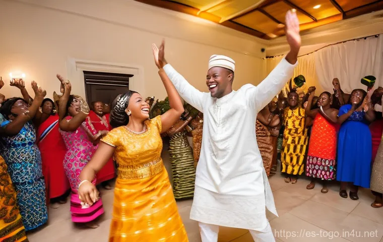 토고의 결혼 문화 - A vibrant scene of a Togolese engagement ceremony. An elder woman, dressed in a brightly colored "pa...