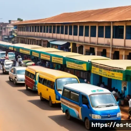 토고 vs 가나 생활비 비교 - A vibrant street scene in Lomé, Togo, showing crowded "Gbakas" minibuses and shared taxis lined up a...