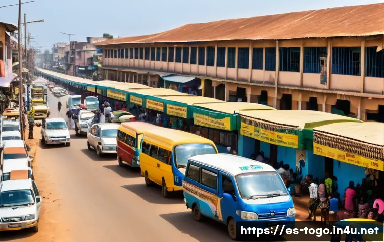 토고 vs 가나 생활비 비교 - A vibrant street scene in Lomé, Togo, showing crowded "Gbakas" minibuses and shared taxis lined up a...