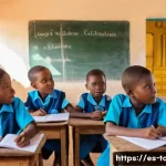토고에서 자원봉사 활동 방법 - A vibrant classroom scene in rural Togo showing a group of diverse children attentively learning lan...