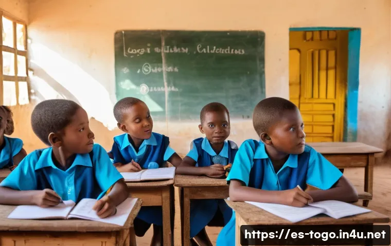 토고에서 자원봉사 활동 방법 - A vibrant classroom scene in rural Togo showing a group of diverse children attentively learning lan...