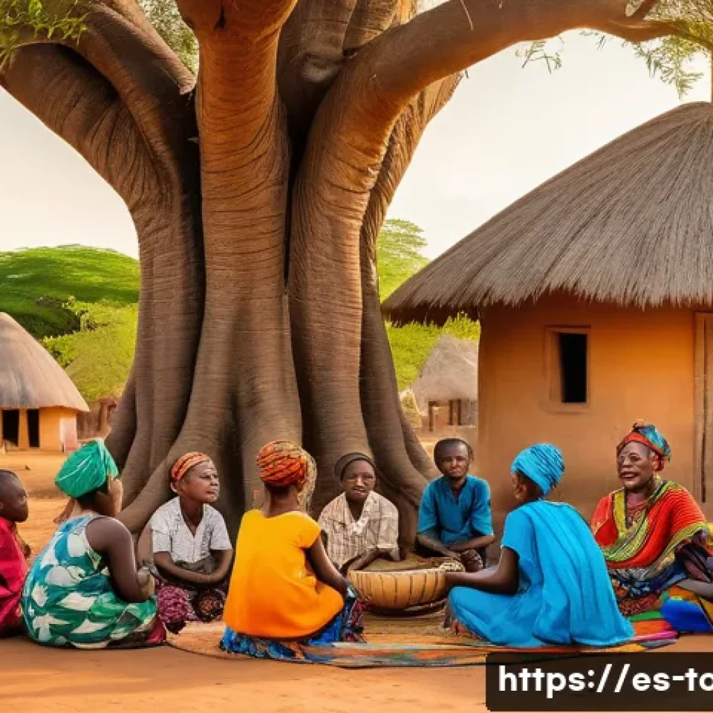 토고 문학과 시인 - A vibrant village scene in Togo depicting an elder storyteller surrounded by attentive children and ...