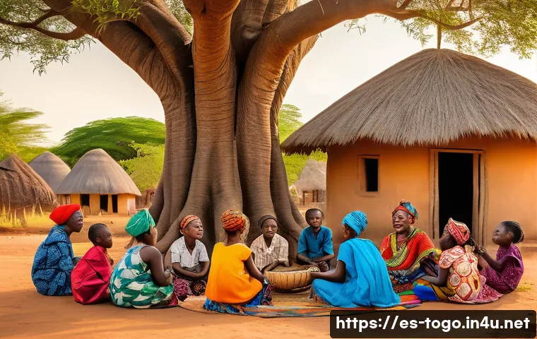 토고 문학과 시인 - A vibrant village scene in Togo depicting an elder storyteller surrounded by attentive children and ...