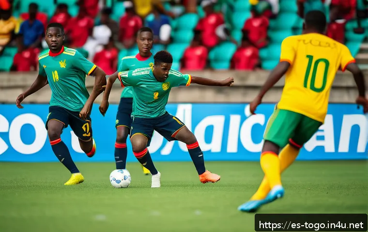 토고 축구 국가대표팀 - A dynamic soccer match scene featuring a young, diverse Togolese national team playing in a modern s...