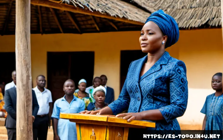 토고 출신 정치인 - Photorealistic documentary-style portrait of a Togolese female politician addressing a community gat...