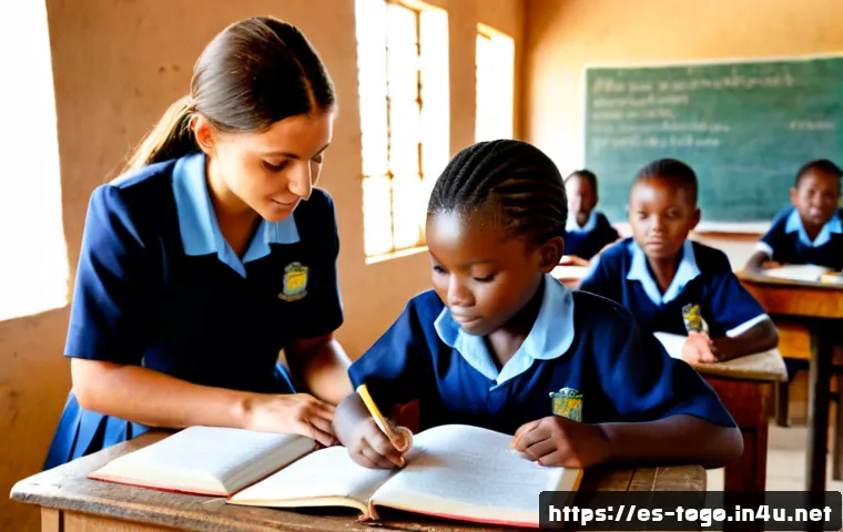 토고의 교육 시스템 - Photorealistic primary school classroom in Togo, West African children in neat school uniforms atten...