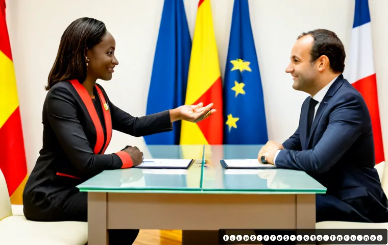 토고와 프랑스의 관계 - Photorealistic diplomatic meeting between a Togolese female official and a French male official shak...
